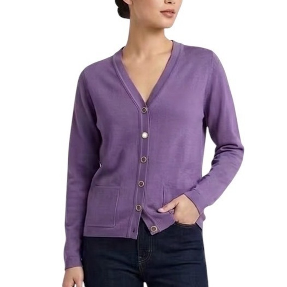 EWM Purple Washable Lambswool V-Neck Button Front Cardigan Sweater Womens 10/12